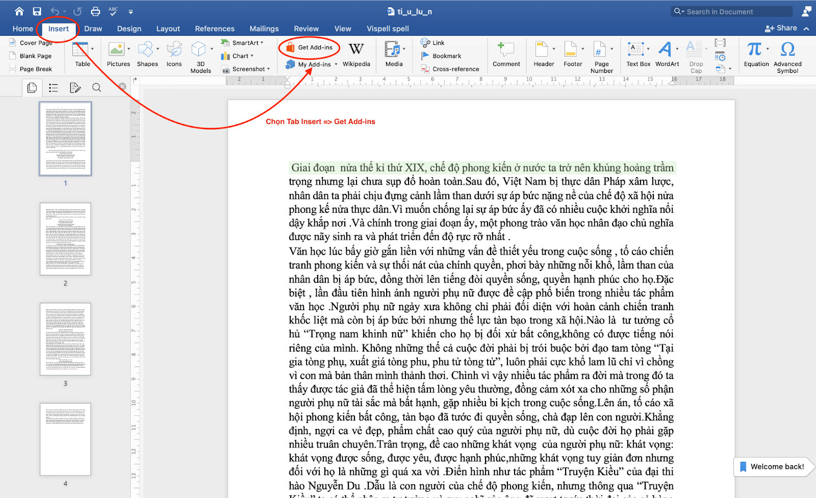 Chọn Insert rồi Get Add-in trên thanh công cụ Word