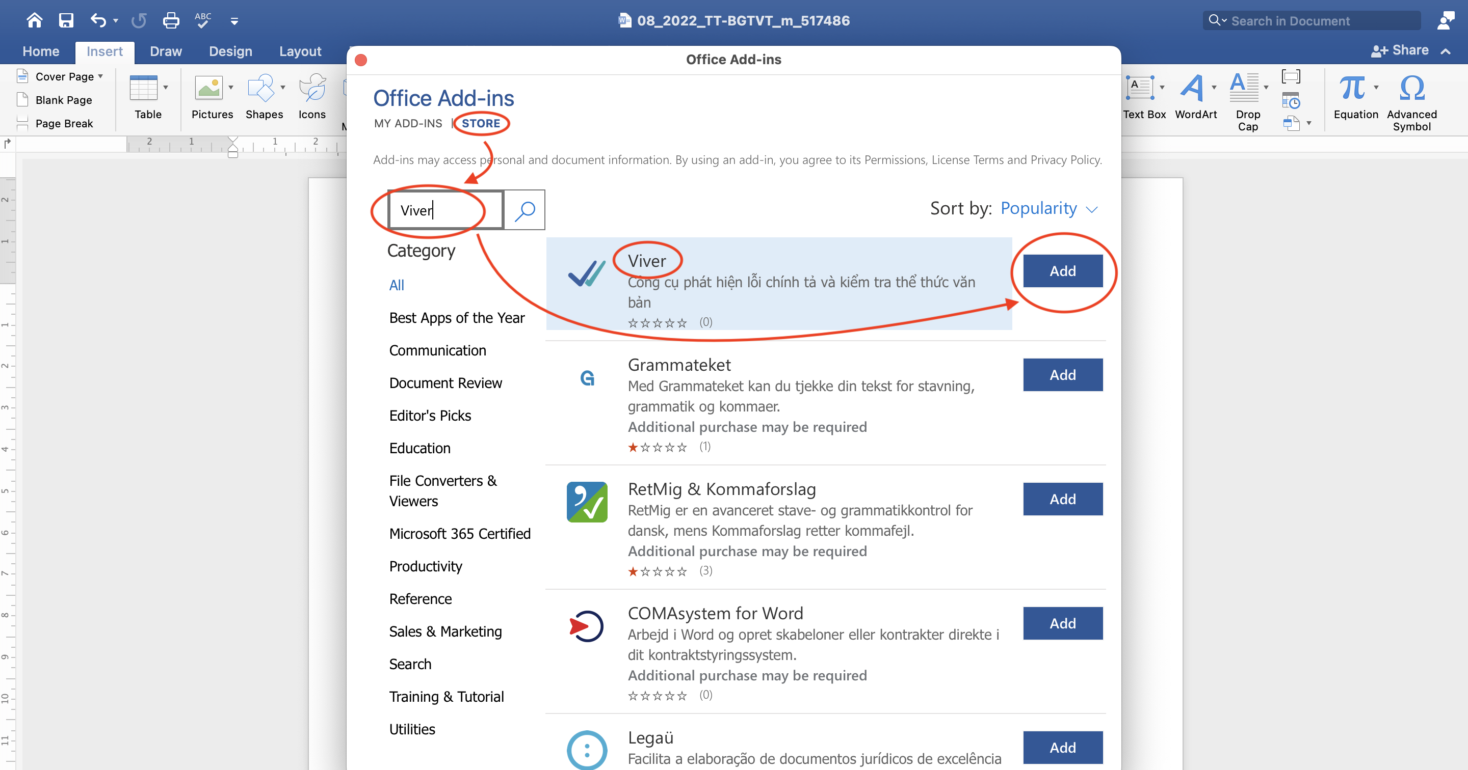 Tìm kiếm Viver trong Office Store và ấn Add
